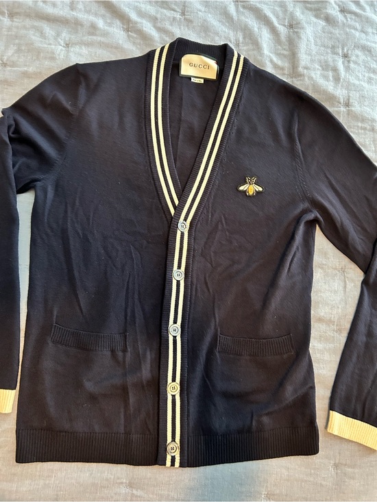 Gucci Sweaters - Gucci Navy Cardigan Women's S with Cream Trim and Bee Patch